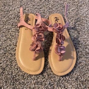 Women Rue21 etc. 6/7 pink ruffled flower tan faux leather sandal shoe open toe